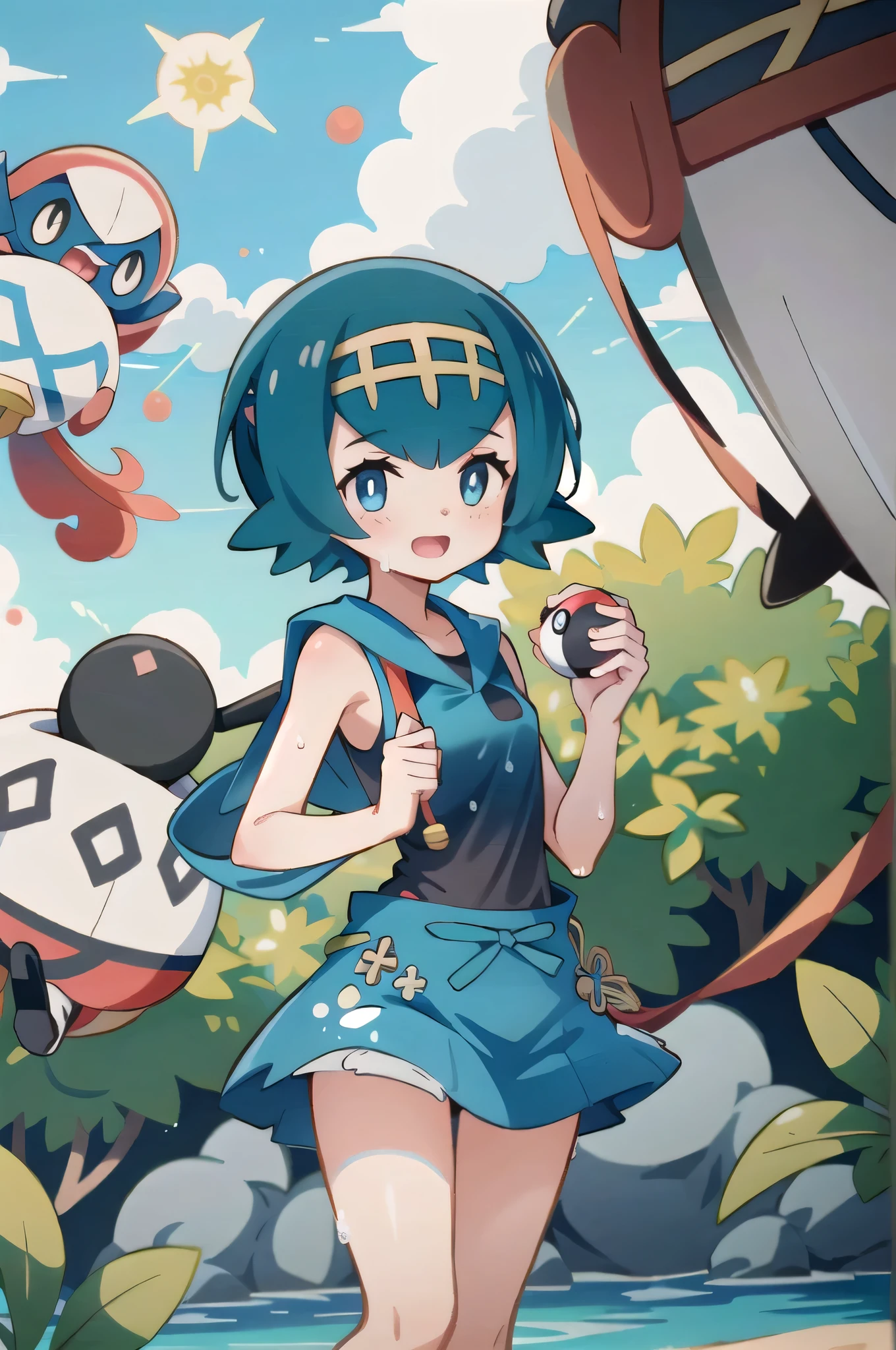 Lana/スイレン (Pokemon Sun and Moon) (masterpiece:1.3), (best quality:1.2), (detailed background:1.1), (complex details:1.1), 1 girl, Hilda pokemon, short hair, blue hair, blue eyes, naked, wet pussy, wet body, tits, outdoors, smilesunshine, holding a pokeball,