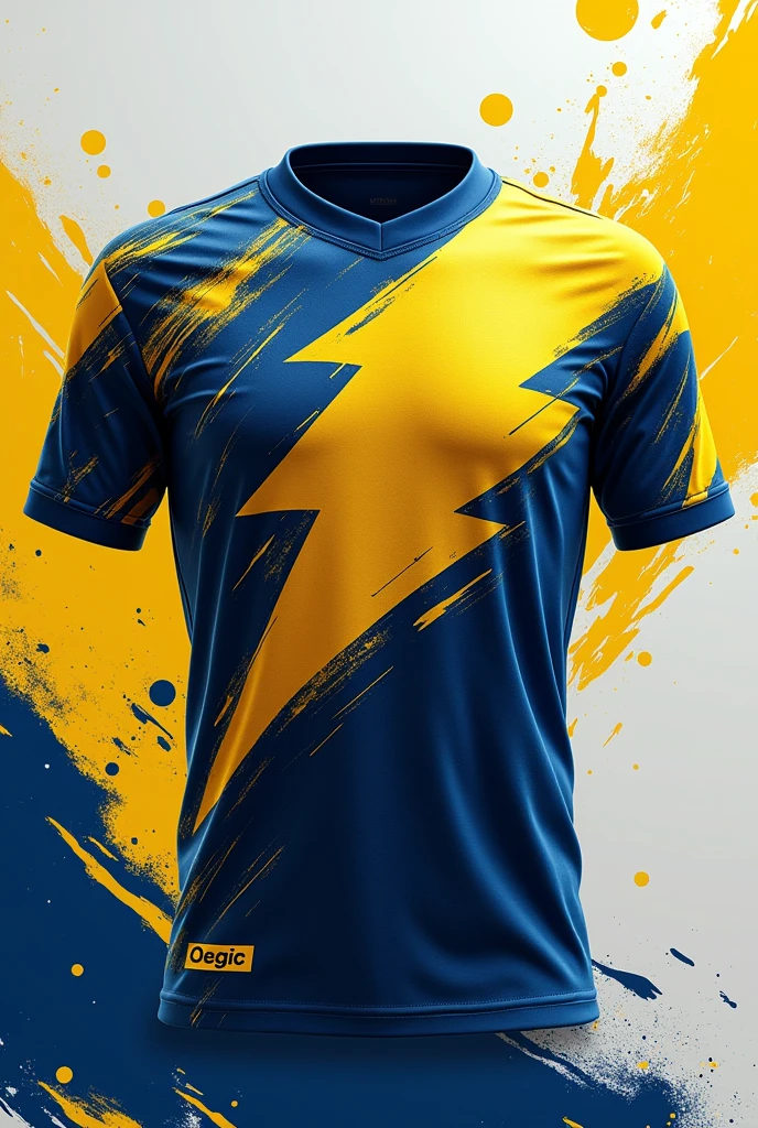 Interclass shirt A sports shirt with a dynamic and striking design. The shirt has a deep navy blue base with an abstract swirl pattern covering the entire surface., giving a sense of movement. A graphic of a large, prominent torch, with a bright yellow outline, is positioned at the bottom left, symbolizing energy and determination. The collar and sleeve edges are highlighted with a contrasting gold, adding vibrancy to the design. A small gray section around the collar breaks up the dark color scheme., providing balance to the overall look. Extravagant with lots of details
