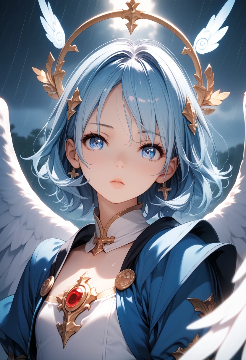 1 girl with angel wings, beautiful detailed eyes, beautiful detailed lips, extremely detailed face and expression, long eyelashes, petite figure, slim, small chest, teenage, pale blue hair, medium length hair, blue robe, blue eyes, round face, hair ornaments with wings, attacking enemies from the sky with golden bow and arrows, fantasy world, outdoor, rainy sky, anime style, game CG, pixiv contest winner, (best quality,4k,8k,highres,masterpiece:1.2),ultra-detailed,vivid colors,dramatic lighting,cinematic