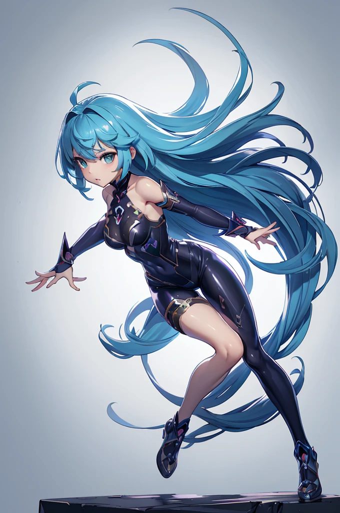 ultra-detailed illustration of Undine, beautiful woman, solo, blue long hair, blue skin, golden eyes, finned ears, glossy black bodysuit, intricate tattoos, dynamic pose, hydrokinesis, beautiful parabolic water effects, transparency, liquid, (watercolor), masterpiece, best quality, very aesthetic art, amazing quality, absurdres, perfect anatomy, light particles, (depth of field), simple background