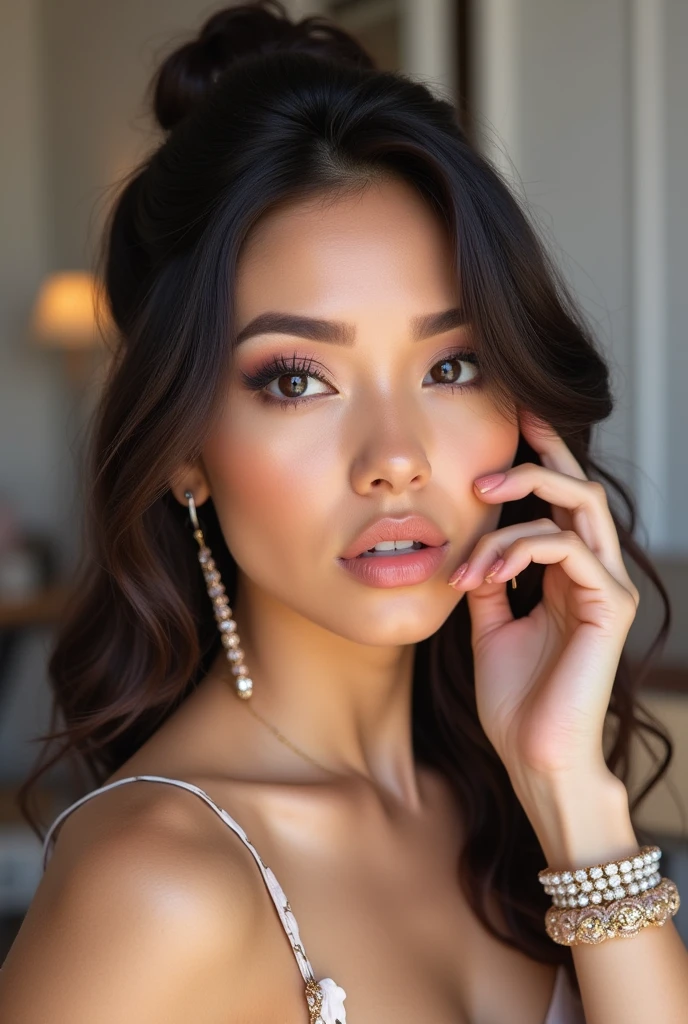 makeup model showing makeup, The expression is soft and natural, with a light smile or a serene look. This helps show off your makeup in a way that isn't too stiff or forced..
Eyes may be slightly squinted to show details of eye makeup without looking too wide or tense.
