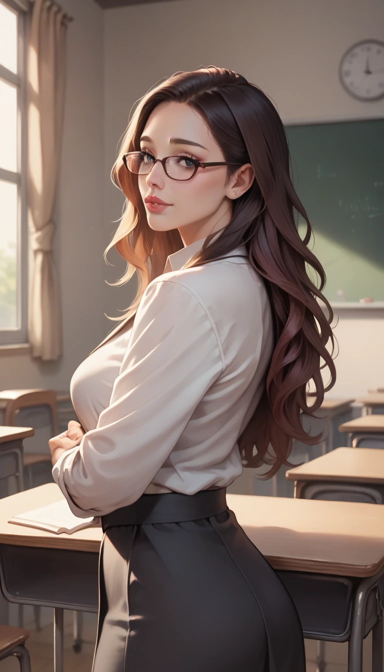 (Fraction_9, Fraction_8_Direction_7_up), detailed, realistic professional woman looks，Standing，Half-length photo，American Girl，Long hair，Gentle, Glasses, teacher，In the classroom，HD，Clear character silhouettes，Clear facial details，
