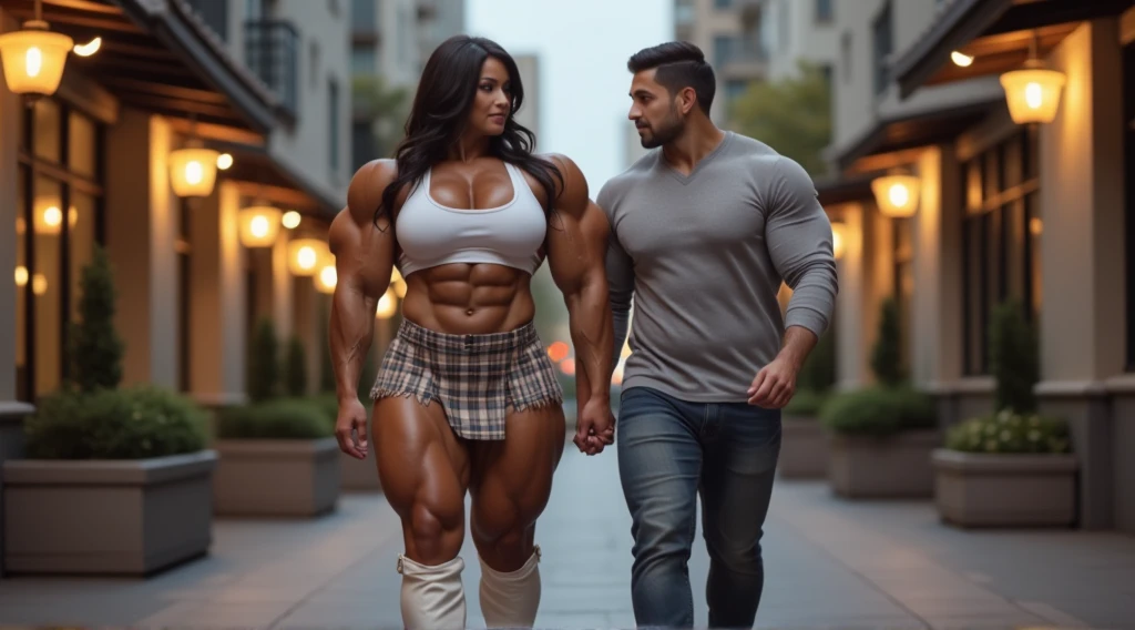 masterpiece, 8k, high resolution, best quality, ultra-detailed), 1 man and a woman together in the photo, the man is very tall, single, one person, bodybuilder, hot, perfect elongated face, handsome, bald, deep, detailed eyes, bald , shaved head, perfect body, 30 years old, muscular, very tall, pale skin, white skin, very tall (he is about 6 feet 5 inches, very muscular, smiling, sexual, winner, poses as a model, during the day, has light bright and dynamic sun, poses in a park with many trees and flowers, comfortable clothing, casual clothing, shirt, camisole, designer shirt, shorts, blue sneakers, all clothing Perfectly covers the extremely muscular body of the bodybuilder The man near the woman looking at each other, the man is taller than the woman A woman: Next to her is an Asian woman with a wavy face, smiling, long straight hair with curves at the ends, dressed in a pink t-shirt with short jeans, white socks and pink tennis shoes.