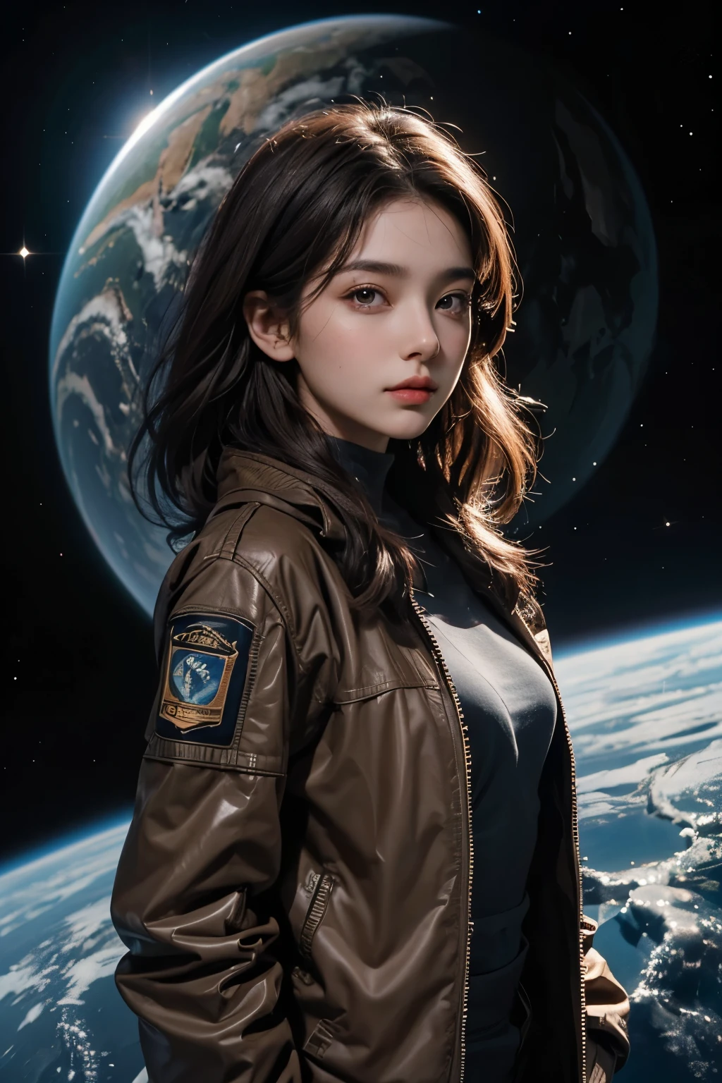 A beautiful woman looks at the camera with a defiant expression. She has dark brown hair that reaches around her shoulders. He is twenty-three years old. An intelligent and strong-willed atmosphere. she is wearing a jacket. An image of a parallel universe in the space behind her.