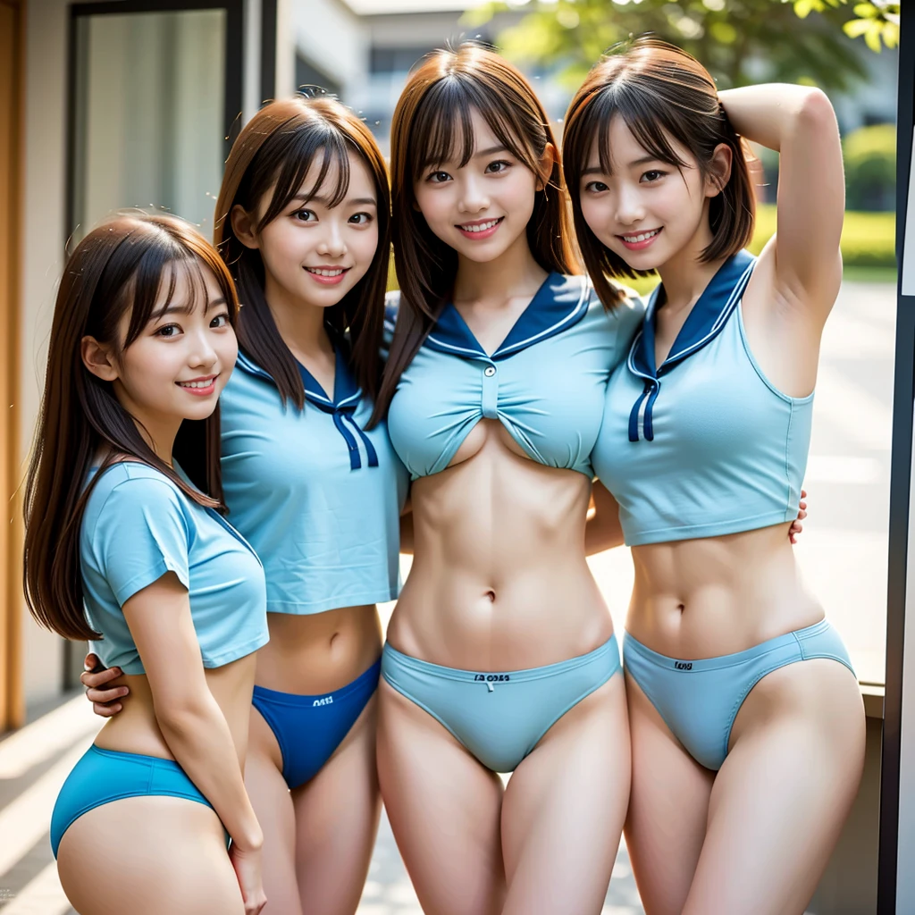 (8K,high-level image quality,hightquality,hight resolution,masterpiece),(from above),(cowboy shot),three cheerleaders in the bedroom,a miniskirt,kneel in front of me and surround me,Look up and smile,kawaii girl
