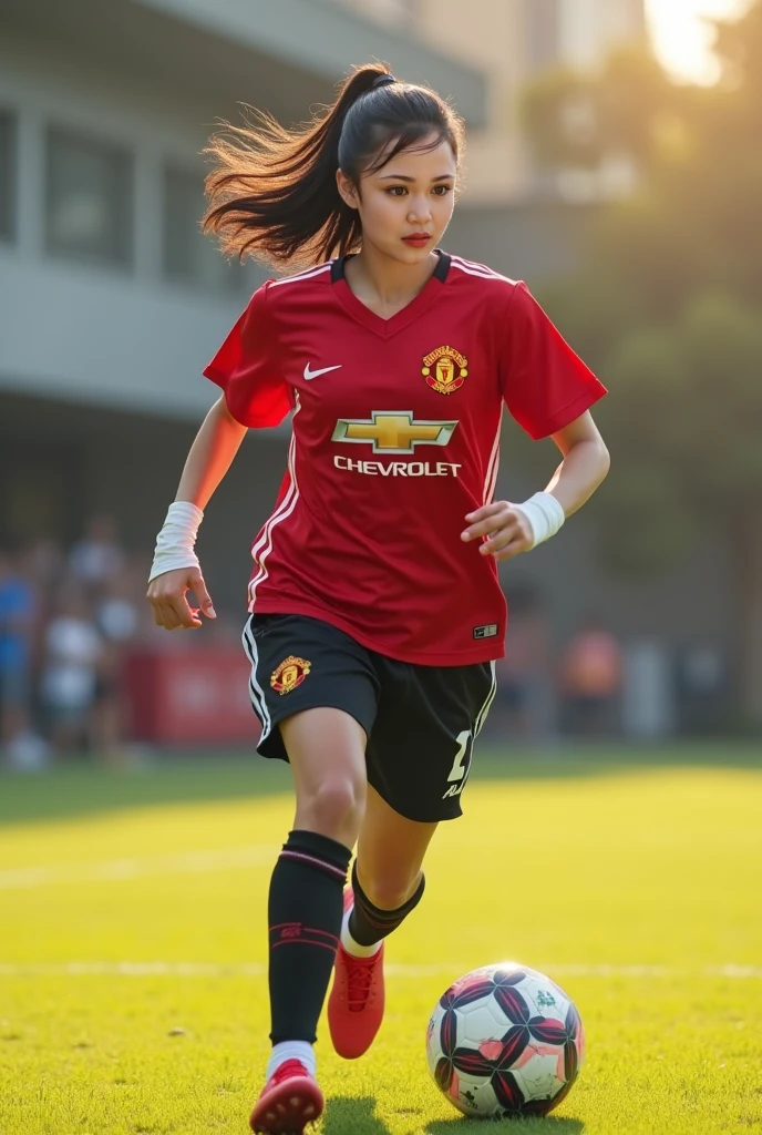 young Asian girl 20 yrs old. beautiful wearing((Jersey )) football shirt from the Manchester united football club with red and white stripes & wearing short training trousers. Smiling. long black brown hair. sitting pose holding the ball, in a magnificent stadium.