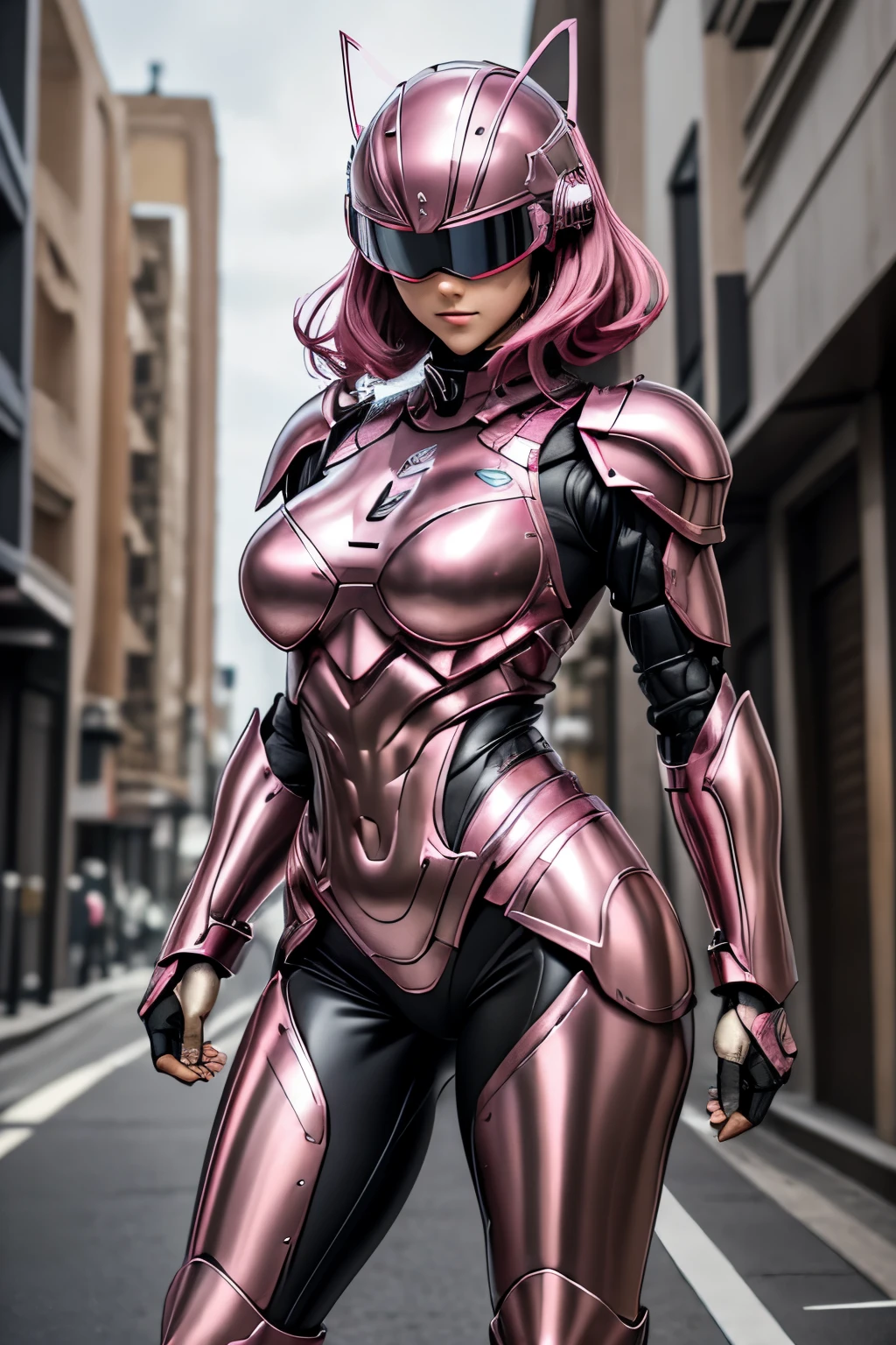 Female RoboCop Solo 、Bright outdoors、Strong light source、8k, High Quality , masterpiece, 最 High Quality , sharp contrast 、 Very detailed、full body armor、Very large armor、Helmet to cover the head、Clear Photos、The eyes are pale, Translucent Straight Goggles.:1.3、The lower half of the face is raw々Shii:1.5、 lower half of face exposed 、Seductive lips、dark pink metallic armor、Ear antenna、metallic pink armor、Full body armor、length, Thin legs、Vibrant Posello Body View, big, rich breasts :1.8, (Sports Body:1.5)、 five fingers、In the city