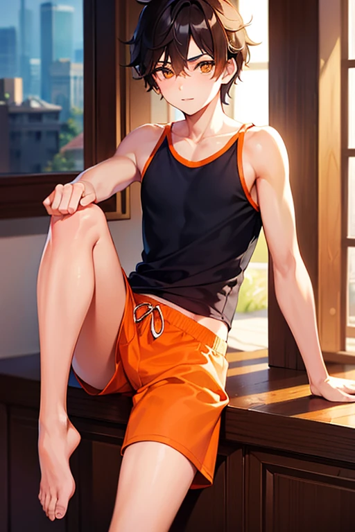 ((masterpiece)),((highest quality)),((High resolution)),((Anatomical)),((Realistic)),((Detailed Description)),((cute)),((((Beach)))),(((1 little boy))),(((Shota))),(((neutral))),((8-year-old)),((Beautiful eyes)),(((ponytail))),((Baby Face)),((low length)),((Petite)),((slender)),((A big smile)),(((Shorts))),(((barefoot))),(((Deep tan))),((Full body view)),((Looking up at the camera)),