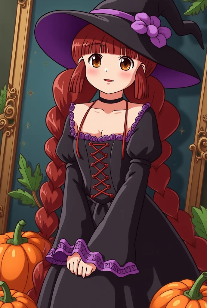 busty and sexy girl, 8k, masterpiece, ultra-realistic, best quality, high resolution, high definition, halloween, witch dress, witch hat, pumpkins, Victorian fashion, Rococo fashion, black corset with red ribbon lacing, purple lace details on the sleeves, Puffed sleeves, ornate flower frame background, historical vibe, historical fashion with fantasy elements,lolita