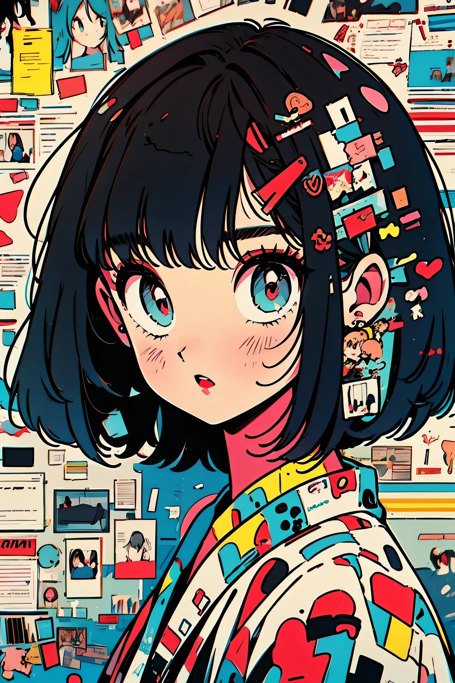 one girl, An ennui look、Upper body angle、 concrete background、bob cut、 short hair, colorful hair, compensate, parted lips, red lips, eyelinelm grain,a black and white photo:1.3、RAW photo)))、highest quality、ultra high resolution、masterpiece、background blur,