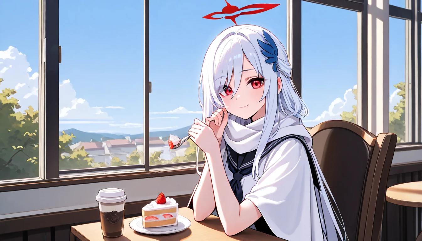 4k quality, hsr jingliu, 1girl, masterpiece, best quality, white hair, long hair, hair between eyes, red eyes, hair ornament, halo, black sailor collar, school uniform,  white dress, white scarf, long scarf, white cape, sitting on chair, cafe, window, blue sky, holding out a slice of cake, feed you, closed mouth, POV, look at viewer, smile,
