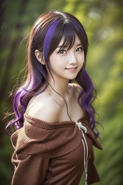 A woman with purple hair in a red dress poses for a photo, anime cosplay, Cosplayer, anime girl cosplay, Cosplay Photo,  looking at the camera、Detailed and beautiful eyes、 cute smile、 soft and gentle expression 