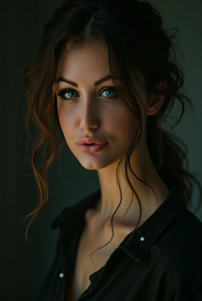 An amazing portrait of a beautiful brunette woman in dark dress, dark brown eyes, dark hair, straight hair, ponytail, great facial feature, perfect eyes, ultra realistic eyes, perfect face, perfect body, cinematic, color analog film photo (big tits), intimate posing, realistic hair, ((Perfect Face)), ((Sexy Face)), full body and head, full shot of a sexy beautiful girl, Photograph, photorealistic, Evocative Pose, ((cute)), sexy pose, (Looking at Viewer), artgerm, alphonse mucha, (big eyes), freckles, cinematic lighting, very high detailed, foggy background, shot on Fujifilm Superia 400, Short Light, 32k, cinematic composition, professional color grading, film grain, atmosphere, wondrous, very stormy . faded film, desaturated, 35mm photo, grainy, vignette, vintage, Kodachrome, Lomography, stained, highly detailed, found footage , film grain, photography, photoshoot, cinematic lighting, volumetric lighting, insanely detailed, hot, sexy, very seductive, super model