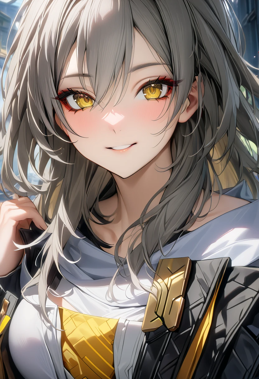 1 girl , solo, long gray hair, yellow eyes, xing costume,  large breasts, >,  (A cute smile that makes the viewer happy, highly detailed beautiful face and eyes), (masterpiece,top-quality,Ultra-high resolution output image), (The 8k quality), 