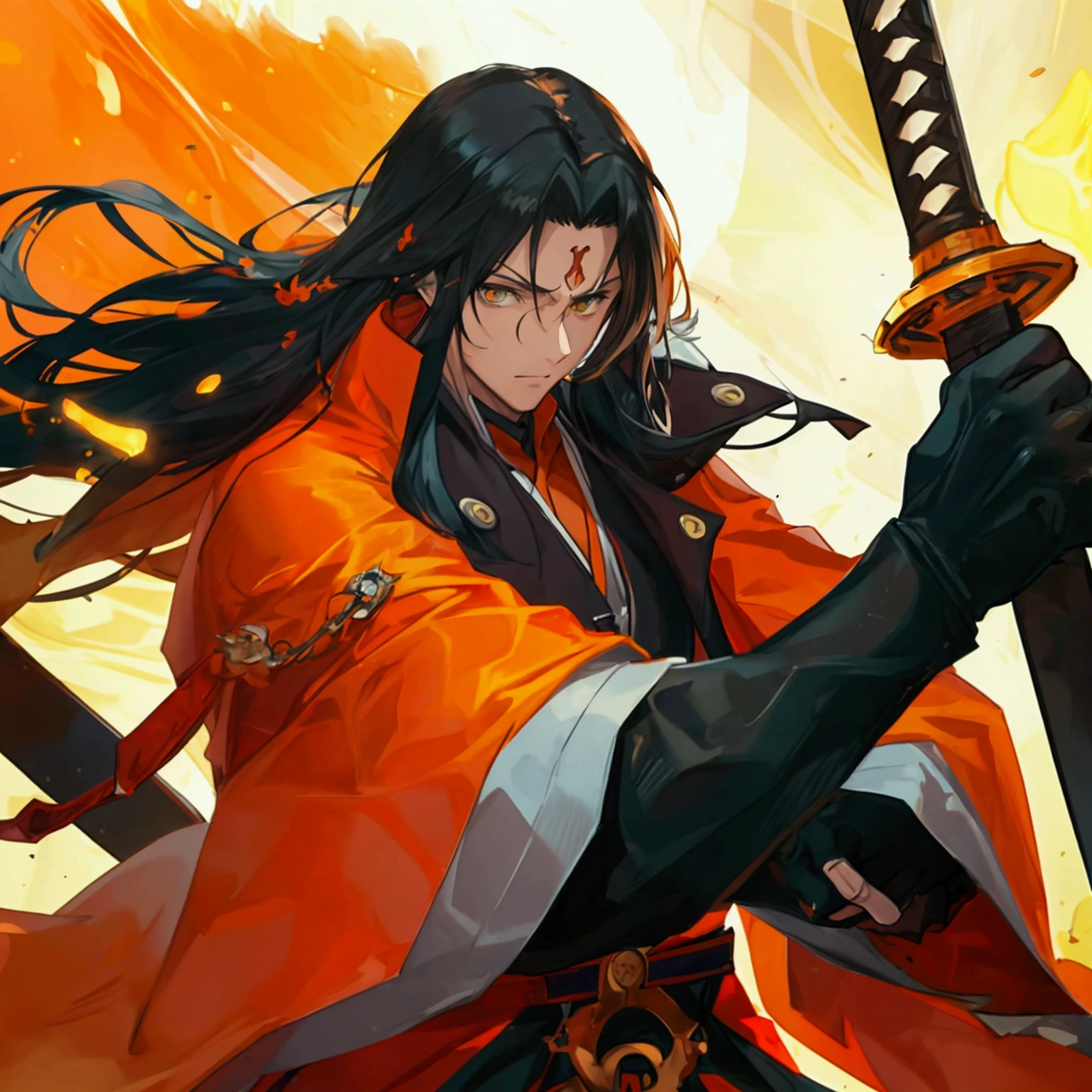 GUILTY GEAR, {{{{{Illustration of a person}}}}, {{{ orange battle coat}}}, Orange and black outfit ,  long brand hair,  straight hair, 36k image quality ,  long bangs  , Shut your mouth., ４０Old man,  handsome, Narrow green eyes ,  Official Art、  best quality、  Unity 8k Wallpaper 、32K、masterpiece、 super detailed, Male nose, Male Eyes  , Male outline  , {{{ carrying a large red sword }}}, Fighting in the old battlefield ,  acrobatic poses,