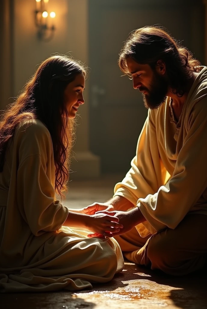 Create an emotionally charged scene inspired by Luke 7, depicting a repentant woman washing Jesus' feet with her tears in a dimly lit room. The woman is kneeling on the floor, her long hair cascading down as she dries His feet, with an expression of deep sorrow and reverence. Jesus is seated, looking at her with compassion and forgiveness, His hand gently raised in blessing. The setting should be simple, with warm, muted colors and soft lighting that emphasizes the intimacy and humility of the moment. Include a small alabaster jar of perfume nearby to signify the anointing.