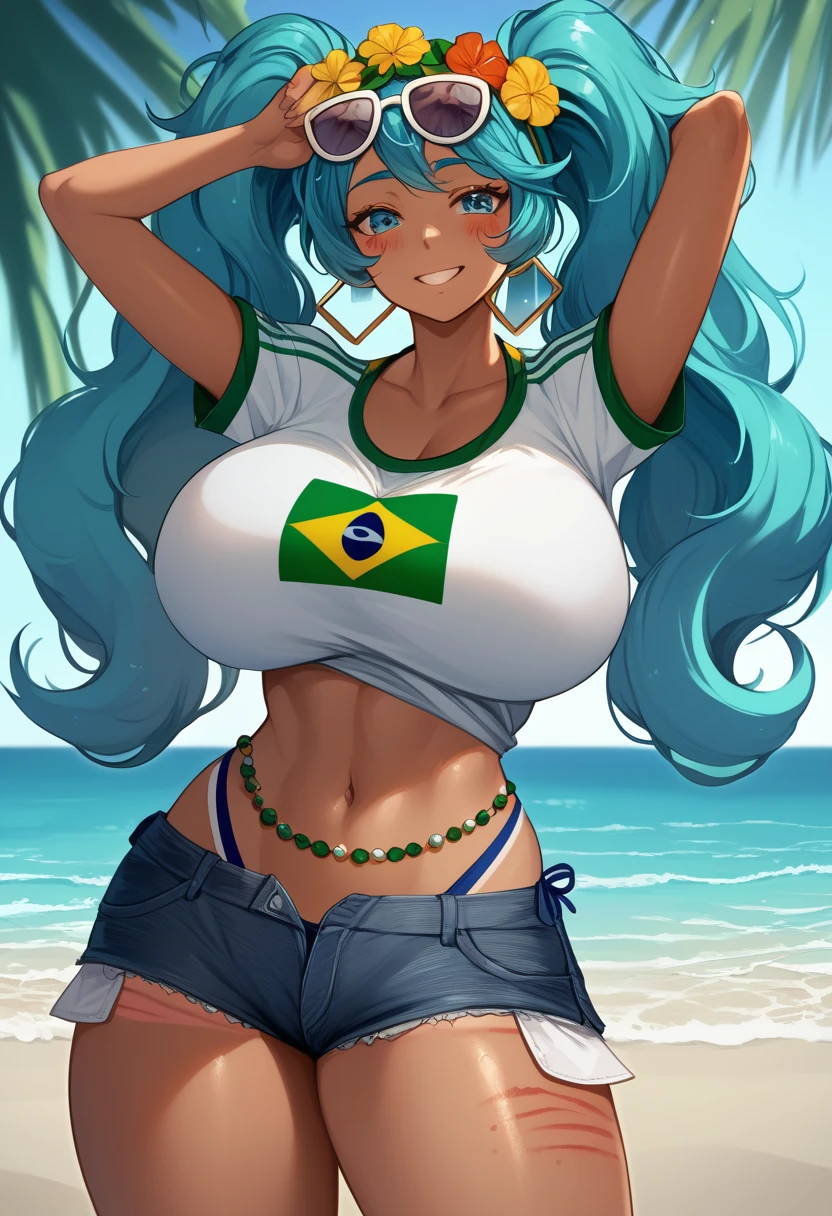 Brazilian Miku, dark skin, Brazilian sportswear, blue big twin ponytails, Super huge big breasts breast enlargement, standing alone on the beach with blue eyes, floral headdress, sunglasses on forehead, holding Brazilian soda in hand, sun marks, denim shorts, full-body shot, shy smile