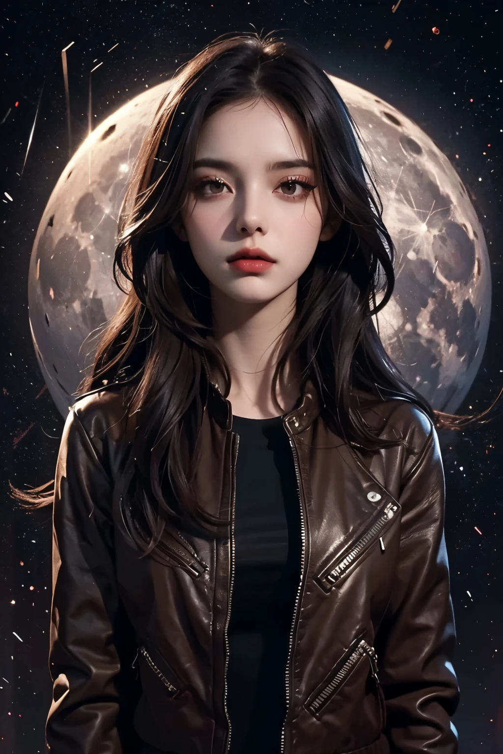  woman wearing leather jacket is standing in front of a full moon, Charlie Bowwater's Style ,   style Charlie Bowater  , in   style Charlie Bowater  , charlie bowater character art, ArtJam JSC,  Gorgeous dark woman wearing Charlie Bowater ,  Neo Artcore and Charlie Bowwater , Inspired by Charlie Bowter , Epic Portrait Illustrations 