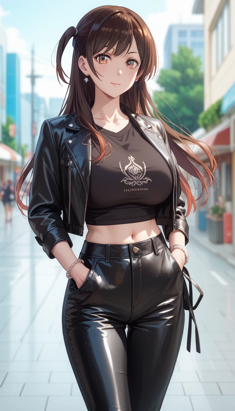 Mature female, fit girl, chizuru ichinose, side tie up, masterpiece, best quality, highres, chi1, 1girl, long hair, solo, bracelet, bangs, huge breast, 1girl, solo, jacket, black_hair, navel, hand_in_pocket, long_hair, leather, midriff, shirt, leather_jacket, skirt, white_shirt, black_jacket, pants, looking_at_viewer, long_sleeves, black_skirt, open_clothes, black_pants, standing, open_jacket, from front, blurry backgrounds,navel, 