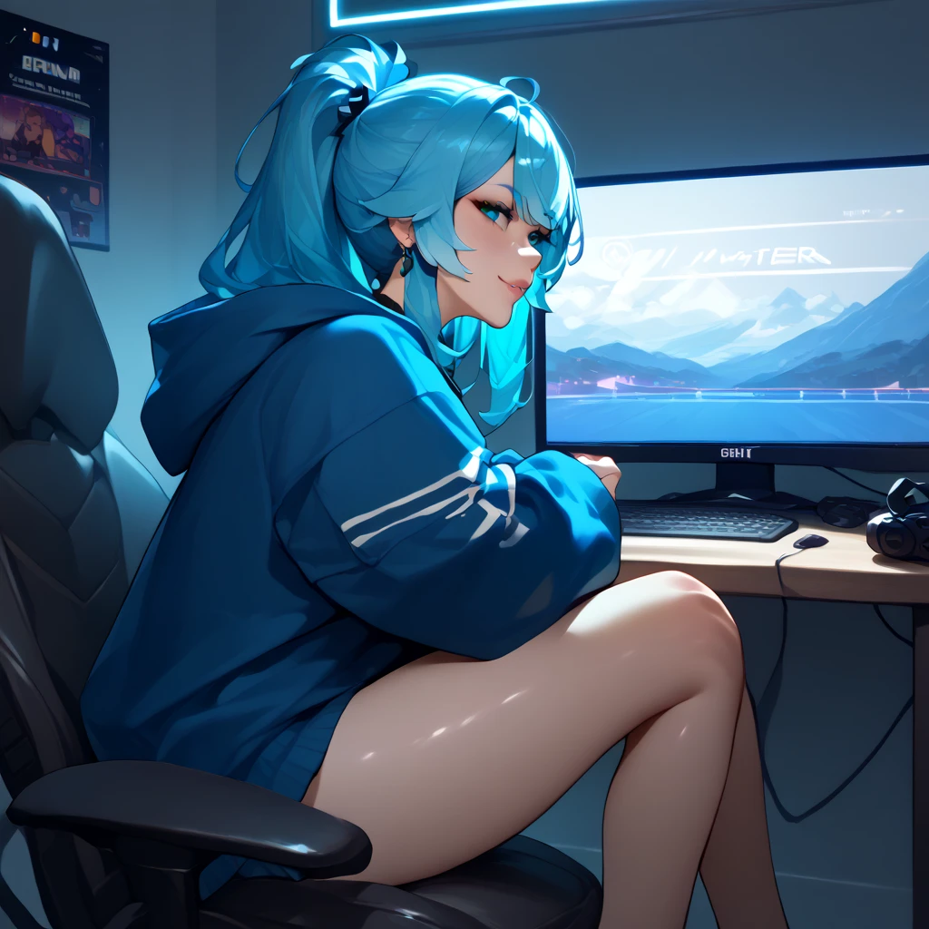 ((best quality)), ((masterpiece)), ((ultra-detailed)), (illustration), (detailed light), (an extremely delicate and beautiful),
(((solo))),
(a beautiful cute girl),
((headphone)),(hoodie),
((cyberpunk room)),indoors,(computer,screens),data stream,window,
((sitting on Gaming chair)),blue eye,
(beautiful eyes),white-blue hair,(White underwear),auto,