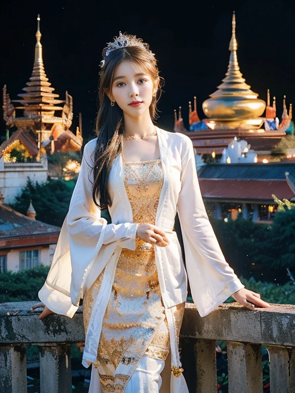 a solo beautiful princess, elegant, detailed, pretty, (rubenesque), (Royal Palace background), (night sky), Myanmar traditional elegant detailed dress, (art by dgtlv2 and henry asencio and zeen chin and josephine wall and edwin deakin), (masterpiece), (good anatomy),