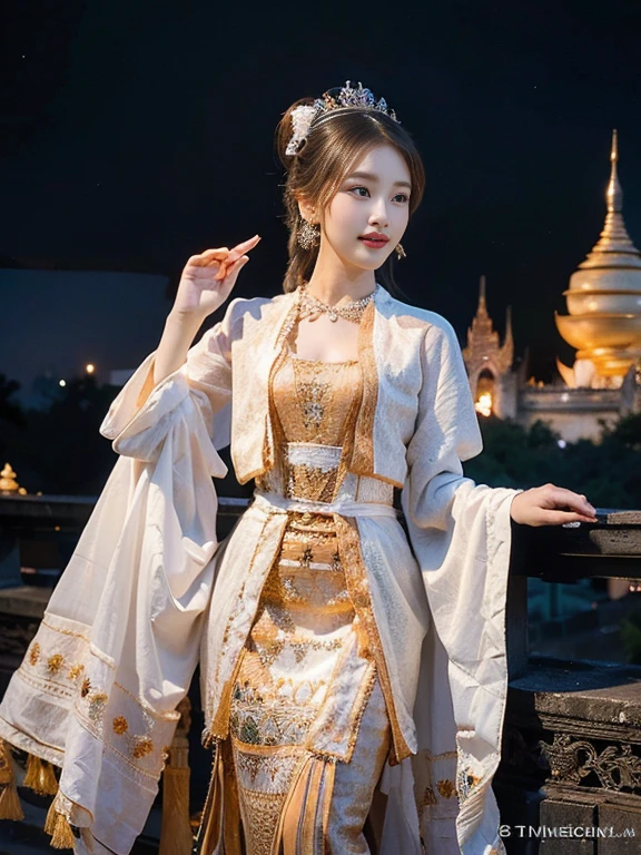 a solo beautiful princess, elegant, detailed, pretty, (rubenesque), (Royal Palace background), (night sky), Myanmar traditional elegant detailed dress, (art by dgtlv2 and henry asencio and zeen chin and josephine wall and edwin deakin), (masterpiece), (good anatomy),