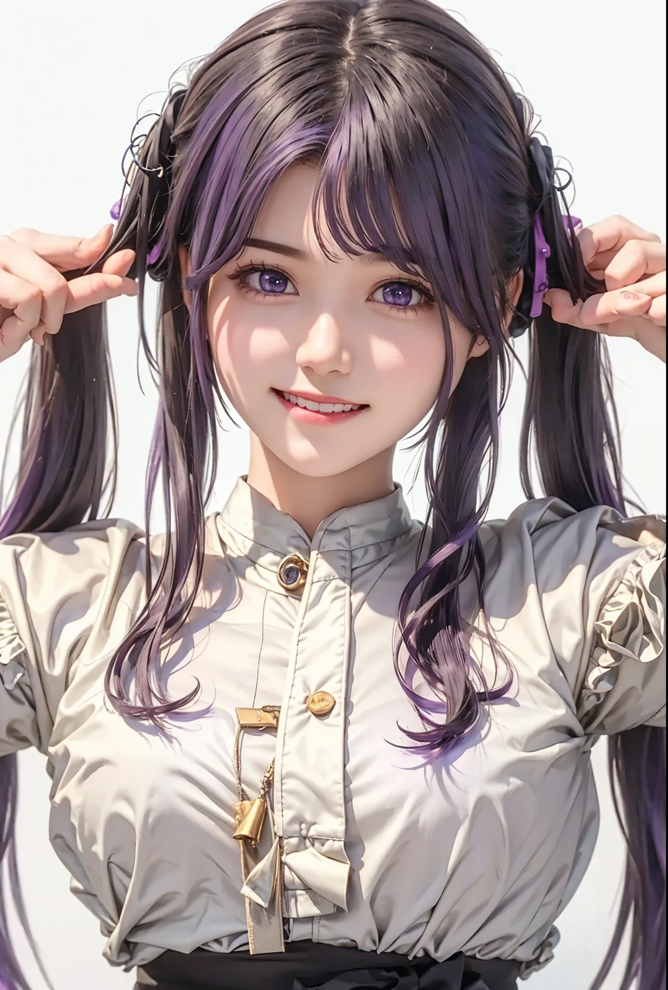 Realistic, Otherwise, masterpiece,  High Quality , ultra-detailed、((Purple Hair))、smile、 twin tails