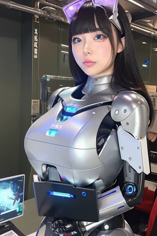 masterpiece, best quality, extremely detailed,  Japaese android girl,Plump , control panels,android,Droid,Mechanical Hand, Robot arms and legs, Black Robot Parts,Black hair,Mechanical body,Blunt bangs,White robotics parts,perfect robot girl,future information counter,reception,long tube,thick cable connected her neck,ceramic body ,mechanical body,mechanical costume,android,robot,humanoid,cyborg,information office,japanese android receptionist ,mechanical chest,blue eyes,office-lady