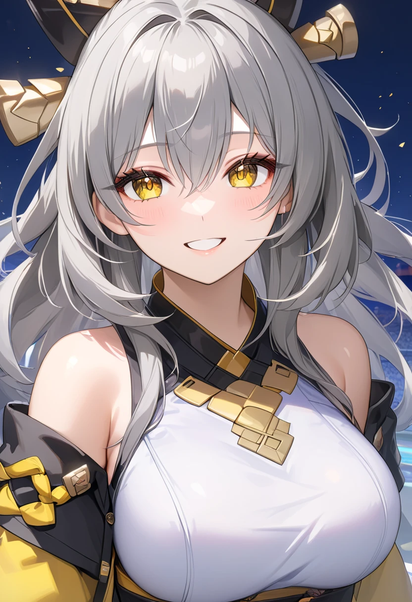 1 girl , solo, long gray hair, yellow eyes, xing costume, large breasts, >, (A cute smile that makes the viewer happy, highly detailed beautiful face and eyes), (masterpiece,top-quality,Ultra-high resolution output image), (The 8k quality), baseball, 