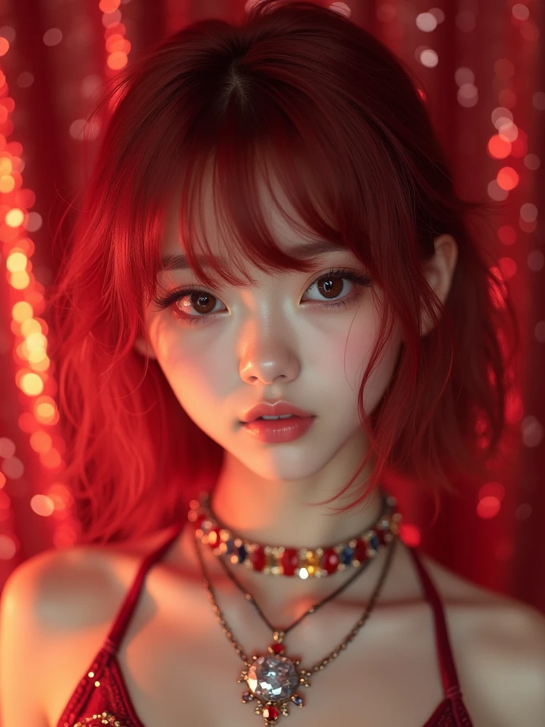 (naked), (Highest quality), (Ultra-high resolution), (Realistic), Japanese, 2girl, (cute), (night sky), big fireworks, pink hair, lipstick, eyeshadow, eyeliner, choker, (red rim glasses), ((Sweaty))