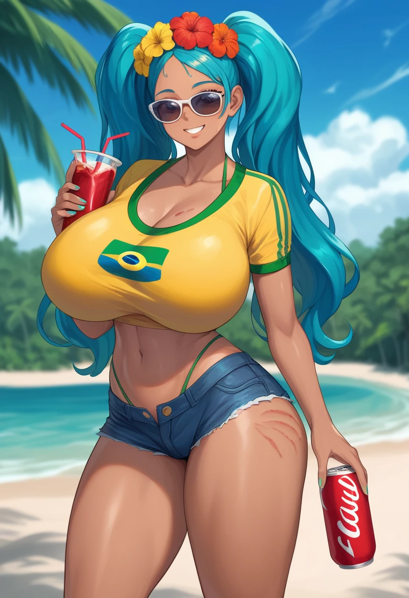 Brazilian Miku, dark skin, Brazilian sportswear, blue big twin ponytails, Super huge big breasts breast enlargement, standing alone on the beach with blue eyes, floral headdress, sunglasses on forehead, holding Brazilian soda in hand, sun marks, denim shorts, full-body shot, shy smile