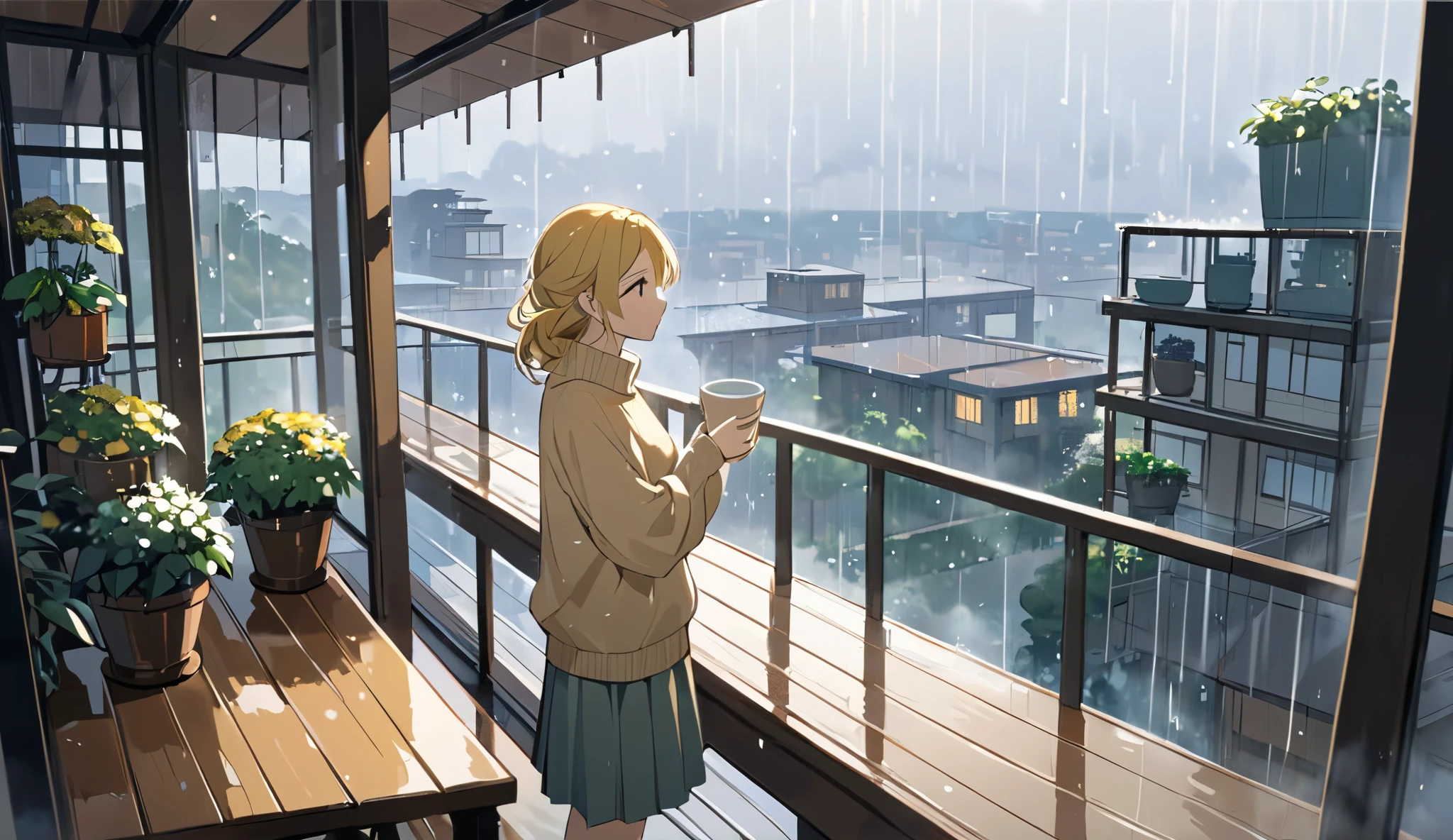 An anime-style scene of a woman standing on a cozy balcony on a rainy morning, holding a steaming cup of tea in both hands. She is dressed in a warm sweater, with her yellow hair gently swaying in the breeze. The balcony is adorned with potted plants, and rain gently falls, creating ripples in small puddles on the balcony floor. The distant cityscape is partially obscured by mist, while soft, diffused light enhances the serene and reflective mood. The scene is rich in detail, with warm and muted colors, and captures the tranquility of the moment.