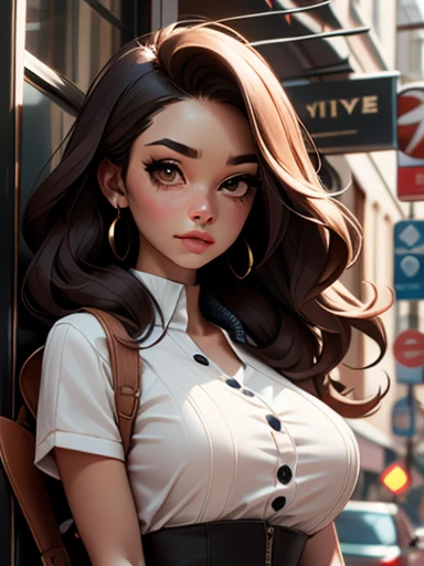 woman with long straight dark brown hair with blue eyes, thin nose, big breasts, straw lips with a lip piercing, with freckles, red nails, thin eyebrow, I wear gray clothes