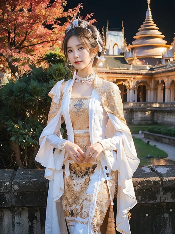 a solo beautiful princess, elegant, detailed, pretty, (rubenesque), (Royal Palace background), (night sky), Myanmar traditional elegant detailed dress, (art by dgtlv2 and henry asencio and zeen chin and josephine wall and edwin deakin), (masterpiece), (good anatomy),