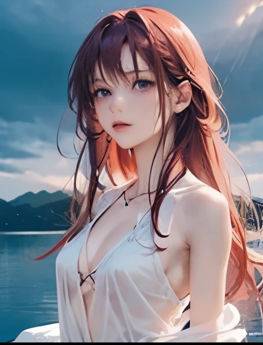 Slender woman(long reddish pink hair),  white see-through celtic dress( sleeveless、 deep v-neck、 open your chest 、Small chest、Deep slit)、Pull up your bangs with your right hand、whole body、Dark Skies、Standing on the lake at night 