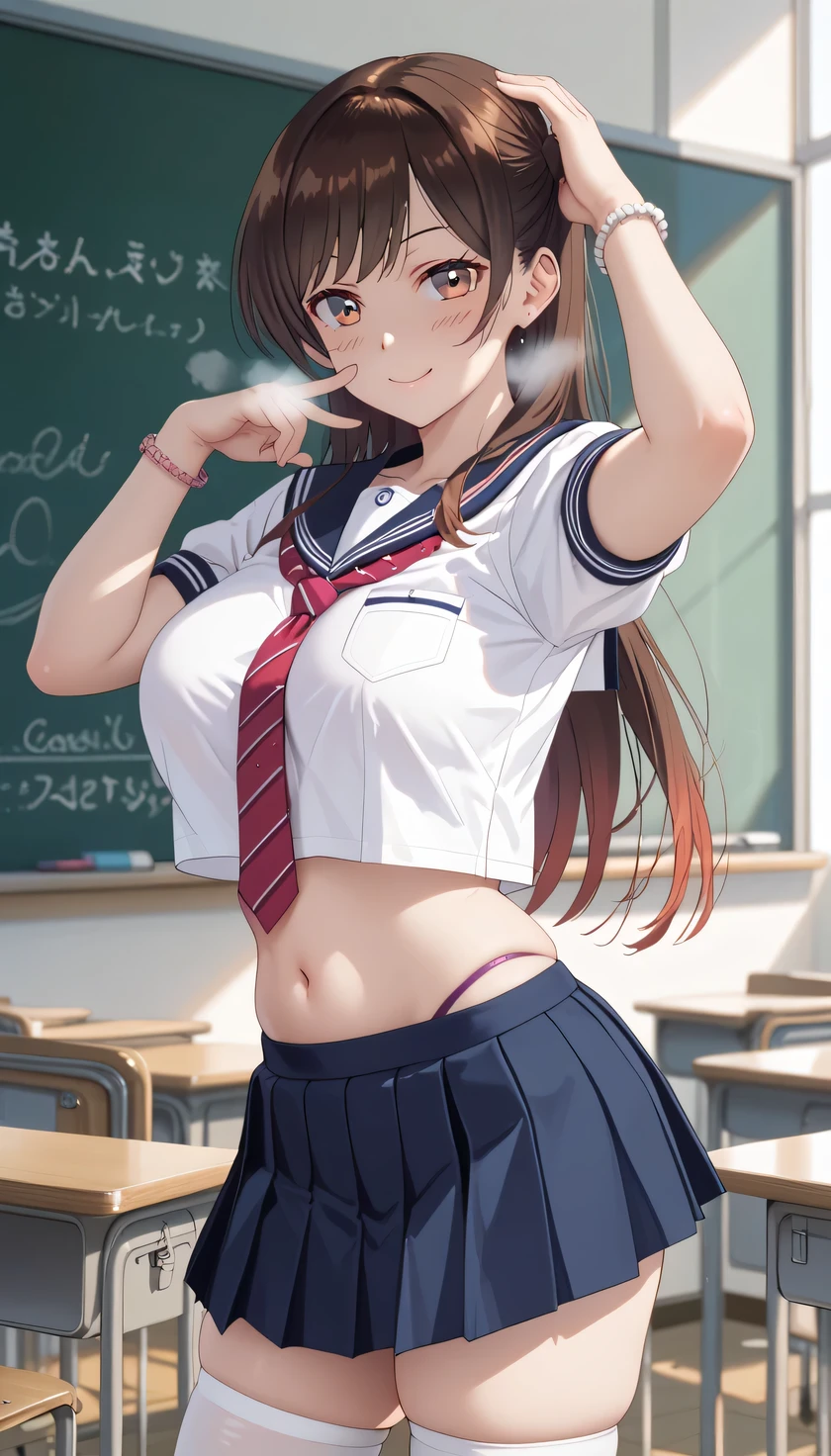 chizuru ichinose, side tie up, masterpiece, best quality, highres, chi1, 1girl, long hair, solo, bracelet, bangs, 1girl, solo, skirt, chalkboard, breasts, school_uniform, thighhighs, navel, crop_top, large_breasts, smile, long_hair, looking_at_viewer, serafuku, blue_skirt, pleated_skirt, white_thighhighs, midriff, bangs, indoors, classroom, sailor_collar, thighs, crop_top_overhang, short_sleeves, skindentation, shirt, miniskirt, cowboy_shot, necktie, closed_mouth, zettai_ryouiki, white_shirt, stomach, sensual pose, from aside, standing, hand on back head, thong, , heavy breath, seductive smile, blush, m pose, underwear, navel,