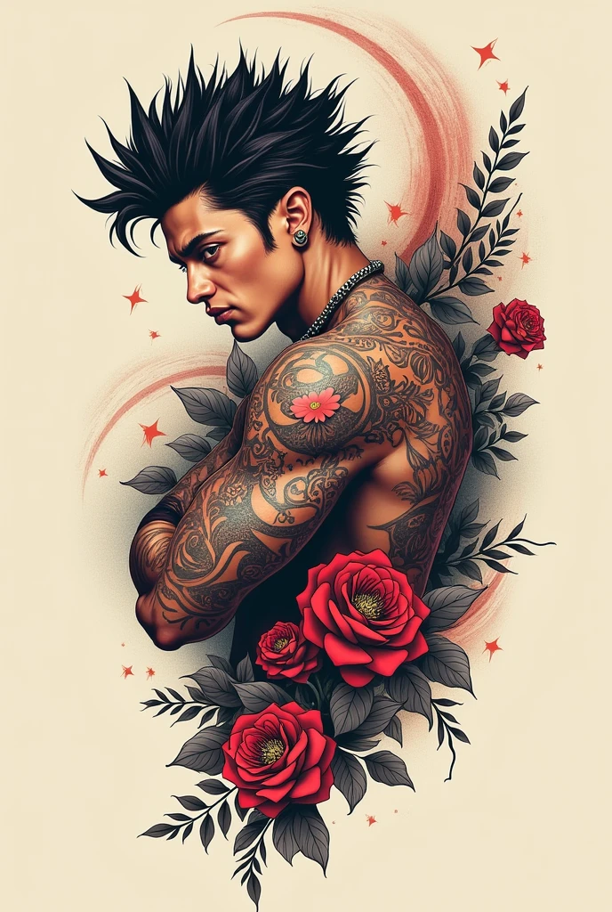 Slightly muscular man with a tattoo of a centipede on a rose