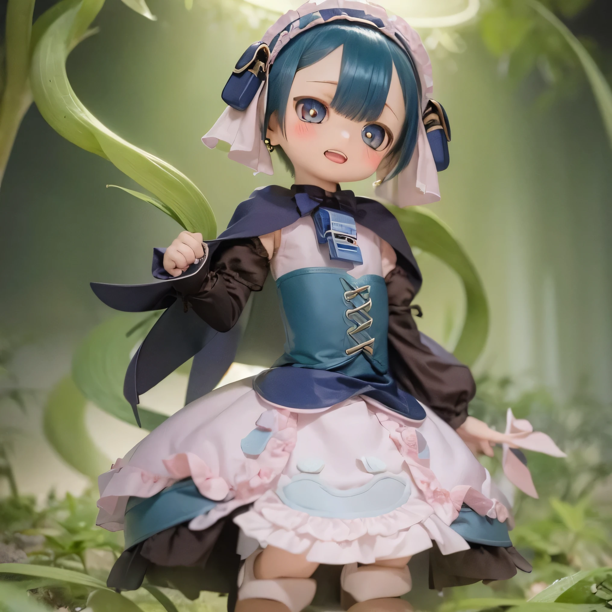 (          best quality ,           kampala   ,   Masterpiece :1.2),          very detailed  ,Realistic:1.37,        Made in Abyss ,(          best quality ,   , 4K,           very detailed  ,   Masterpiece :1.2), Realistic,      ,         bright color,     Concentration    ,           studio lighting   ,           very detailed   explanation, professional, Anime, Shades of blue,        natural light,          girl, Blue Curly Hair,           flat chested, Gothic Costume,        Innocent expression        ,                Elegant Appearance               ,            has long eyelashes  ,      's expressive eyes             ,        Rosy Cheeks,         soft lighting      ,         dreamy atmosphere     ,  Stand up and cute pose (((((whole body)))))    、     dress with lots of gothic lolita clothes showing legs in high resolution     、(((((Chibi)))))