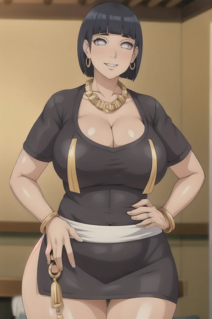 Hinata hyuuga,Big breast,Cleavage,Gold chain necklace,Gold hoopa bracelet,((Gold bar earring)),Long nail,Skindentation,Wedding ring,ear visible,SHORT SLEEVE thin black dress,Solo,1girl,Detailed hand,Standing,((Body facing front)),Visible nape,Glossy lips,Wide hip,Curvy figure,Light blush,Gaze on viewer,Swaying hip,smile