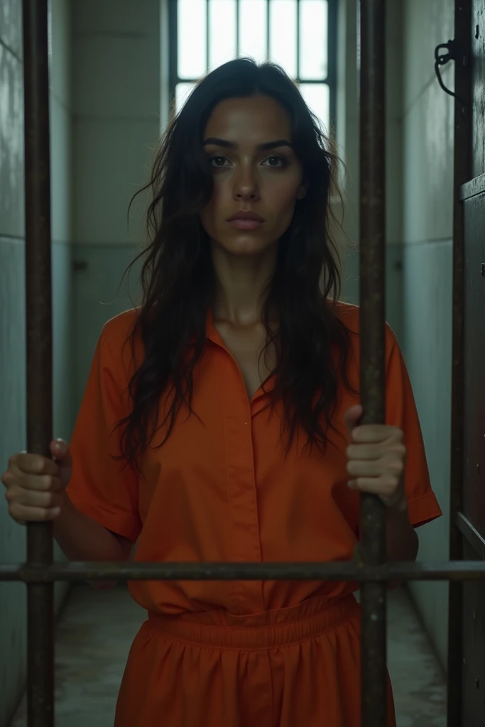 A beautiful Instagram model, long black hair , at prison , beautiful make up , orange prison jumpsuit, full body view, in cage