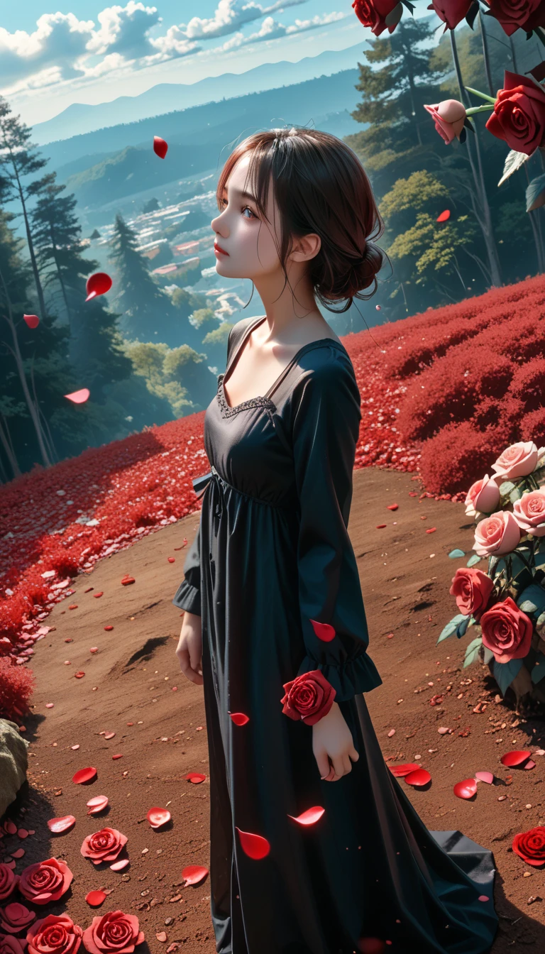 (((Petals:1.7,  rose petals fall from the sky:1.37、dark red dark blue petals、Rose petals fall from above:1.37)))、quality\(8k,非常に精細なCGユニットの wallpaper,   Masterpiece , high definition ,top-quality,top-quality real texture skin, surreal, increase resolution , RAW photo,最高quality, very detailed, wallpaper\),break、Circular Image、Walking through the pink forest、Long Hit、The target is small、Beautiful deep pink forest、Pink in the center, The outside is blackened、 gradient 、break、Super detailed single women、 Girl in a black dress 、 very detailed face and eyes、 cute face、baby face、Fatigue、 brown hair、 look up 、 side shot 、Beautiful profile、を look up 、The almost black blue sky、Stars and Clouds、A new angle、break、BLACK AND PINK WORLD 、 BLACK AND PINK HARMONY 、 beautiful image 、 overall dark、 cinematic lighting 、Very elaborate lighting、