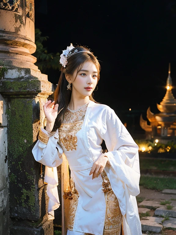 a solo beautiful princess, elegant, detailed, pretty, (rubenesque), (Royal Palace background), (night sky), Myanmar traditional elegant detailed dress, (art by dgtlv2 and henry asencio and zeen chin and josephine wall and edwin deakin), (masterpiece), (good anatomy),