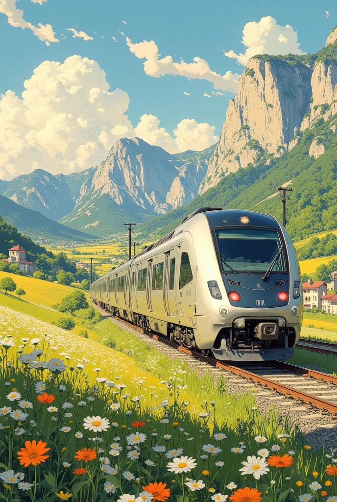 A majestic scene of a modern train gliding through a picturesque countryside. The train, sleek and metallic, reflects the golden hues of a setting sun as it moves along the tracks cutting through vast, rolling fields of green and yellow. Wildflowers bloom along the edges of the tracks, and distant farmhouses with red-tiled roofs dot the horizon. Towering mountains and a clear blue sky with soft, wispy clouds add grandeur to the scene. The motion of the train creates a dynamic contrast to the serene rural surroundings, embodying progress and nature in harmony."

