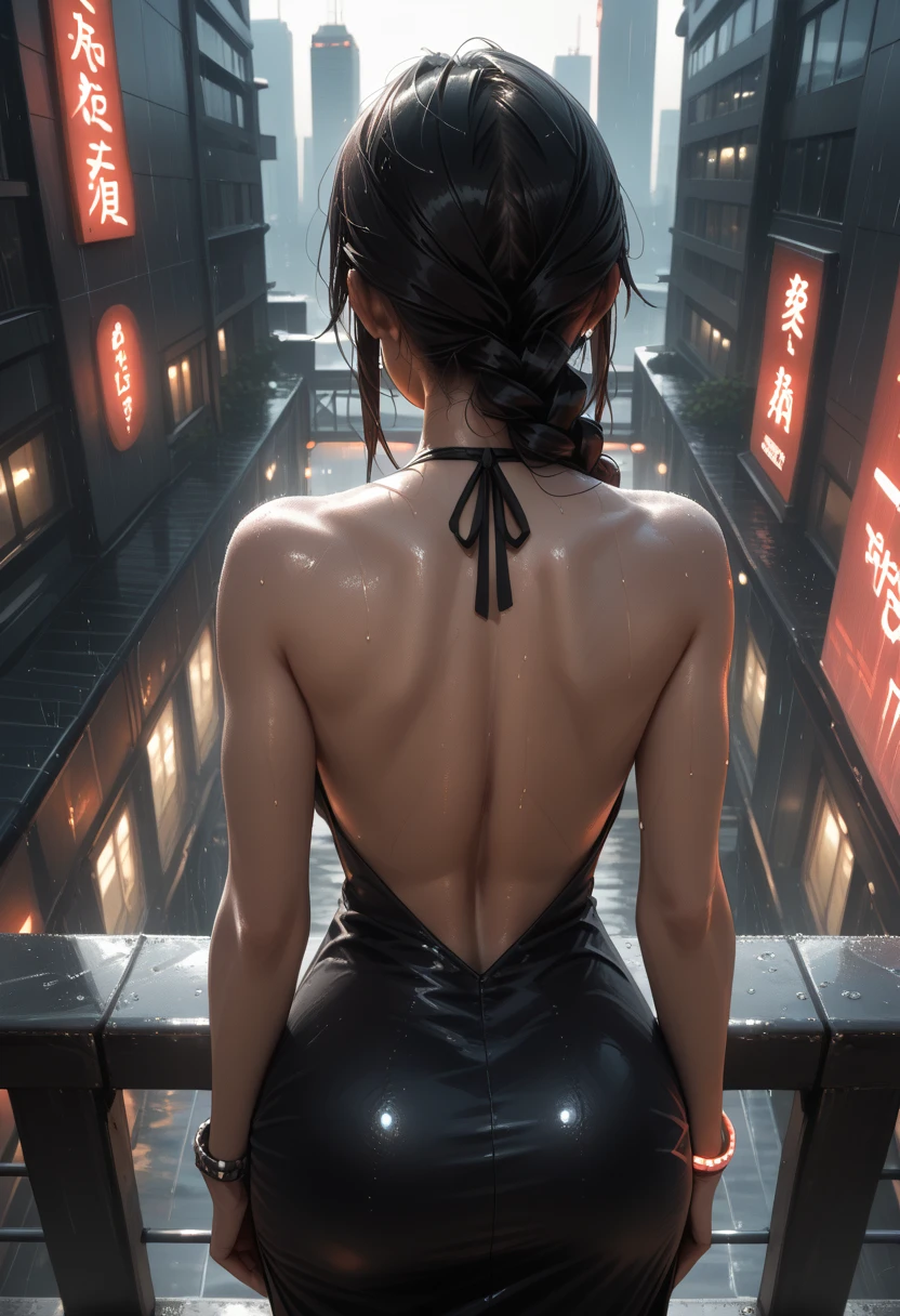 score_9, score_8_above, score_7_above, score_6_above, score_5_above,score_4_above, source_anime,wet, wet skin, Sweat, Sweating,  glowing skin, waved, drip,
1 , dress, shezfe , black dress, from behind, Braid, jewelry, Alone,  long hair, bracelet, of coasts, Black Shezfe  , to go back,  black hair, to go backless outfit, bare shoulders, dark skin, to go backboob, Braided ponytail, to go backless dress, dark-skinned female, single Braid, toys, in this, standing, handrail, median sulcus,  outdoor, rain, cyberpunk,  cityscape , to go backlighting, building, neon lights, night, dark, current,  safety fence  , very  long hair,   wide hips,  hand on your own hip,  light particles ,  lens reflection , Shoulder blades, From above,  halter neckline , rachadura na in this, to go back tattoo, black tattoo,