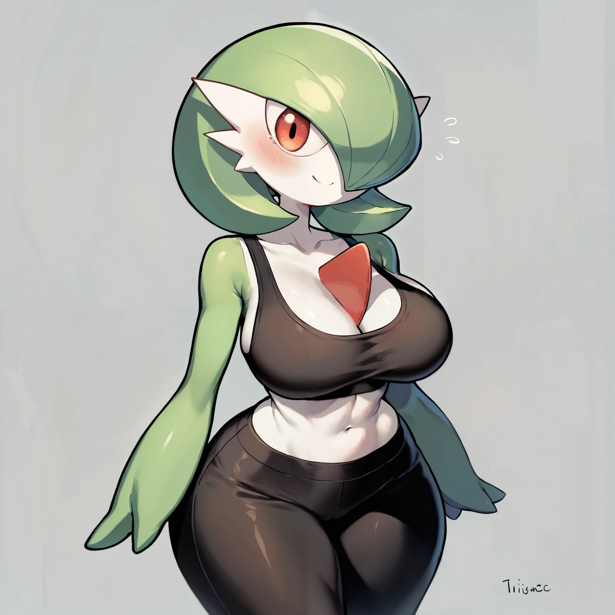 1girl, solo, gardevoir, green_hair, green_skin, hair_over_one_eye, pokemon \(creature\), big breasts, wide hips, thigs, black sports bra, black spandex pants, blushed, smile, standing, full body, looking at the viewer, simple background, from the front view