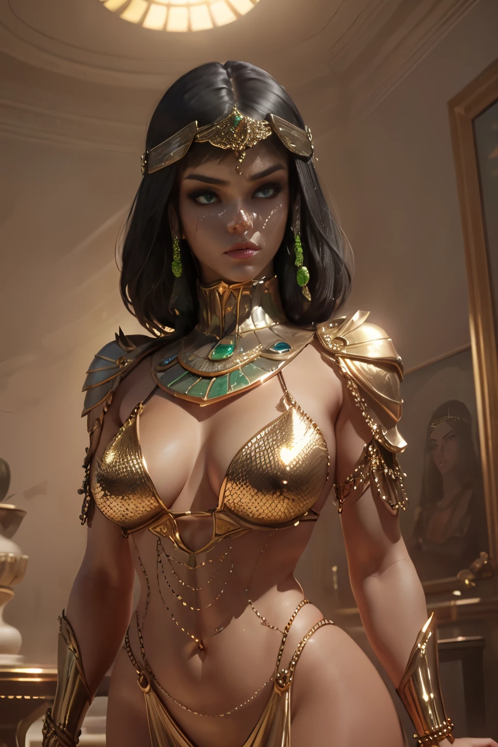 hyper realistic portrait shot of a beautiful egyptian queen, looking down proudly on the camera with her expressive green eyes, tanned skin tone , thin nose , black braided bob hair with golden accessories and jewelries , wearing a white see tough dress
