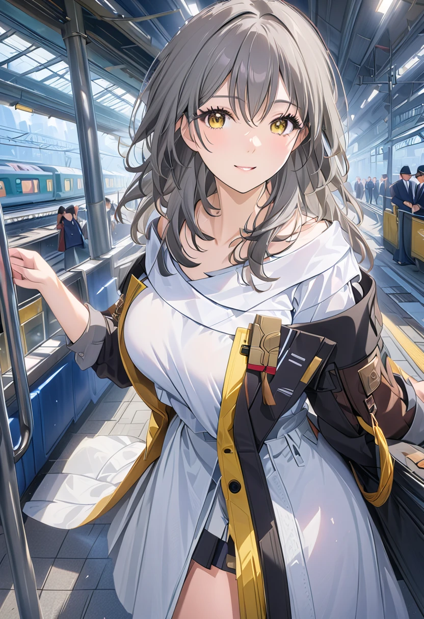 1 girl , solo, long gray hair, yellow eyes, xing costume, large breasts, in the station,(Train), (A cute smile that makes the viewer happy, highly detailed beautiful face and eyes), (masterpiece,top-quality,Ultra-high resolution output image), (The 8k quality), 