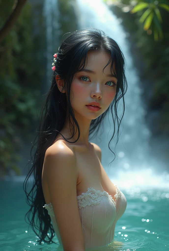 (ultra realistic) , (illustration), (increase resolution), (8K), (extremely detailed), (best illustration), (beautiful detailed eyes), (best quality), (ultra-detailed), (masterpiece), (wallpaper), (detailed face), 1 girl, black straight hair, slender body, delicate details, in the dark, deep shadow, low key, pureerosfaceace_v1, happy smile, summer dress, waterfall, rainforest