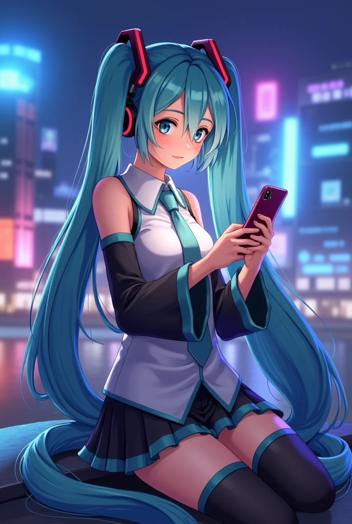 (masterpiece、 best quality、 best quality、 Official Art、 beautiful and beautiful :1.2)、( one girl who is at ease:1.3) Hatsune Miku 、 twin tails, Beautiful breasts,Anime girl with headphones and backpack looking at mobile phone,  anime style 4 k, Alice x. open,   Digital Anime Art  , Nightcore,  digital anime illustration ,  anime styled digital art, Anime Art Wallpaper 4K,  anime art wallpaper 4k ,  anime art style, Anime style digital art,  anime style artwork,  anime style. 8k, detailed   Digital Anime Art  