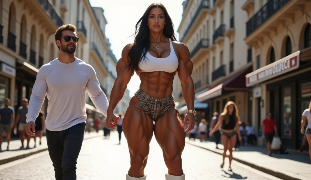 An extremely muscular and beautiful bodybuilder, 36 years old, Brazilian, 1.85 m tall, and weighing 140 kg. Her body is impressive, with huge biceps, toned legs, and well-defined musculature that highlights her feminine strength. She walks down the street, holding hands with the man, showing a confident and dominant attitude. She wears a white tank top that accentuates her arms and shoulders, a plaid mini skirt that reveals her muscular thighs, and white boots that give her a bold touch. Her long dark hair moves in the wind, and she holds a strong and challenging posture.

The man, of French descent, 38 years old, 1.75 m tall, and weighing 70 kg, has a slim build. He walks beside her, smiling and enjoying the moment, as she holds his hand, dominating the situation with her presence. He wears a casual long-sleeve shirt and dark pants, with a relaxed posture but clearly in his role of support and admiration towards her.

The background shows a lively street in a European city, with buildings of classic architecture and modern shops. The sunlight highlights the woman’s imposing figure as she leads the walk, with the man following her, both walking together, but she is clearly leading the way.